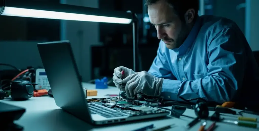 A computer repair technician in NJ carefully working on a laptop with professional repair tools, illustrating factors that influence how much does computer repair costs in NJ