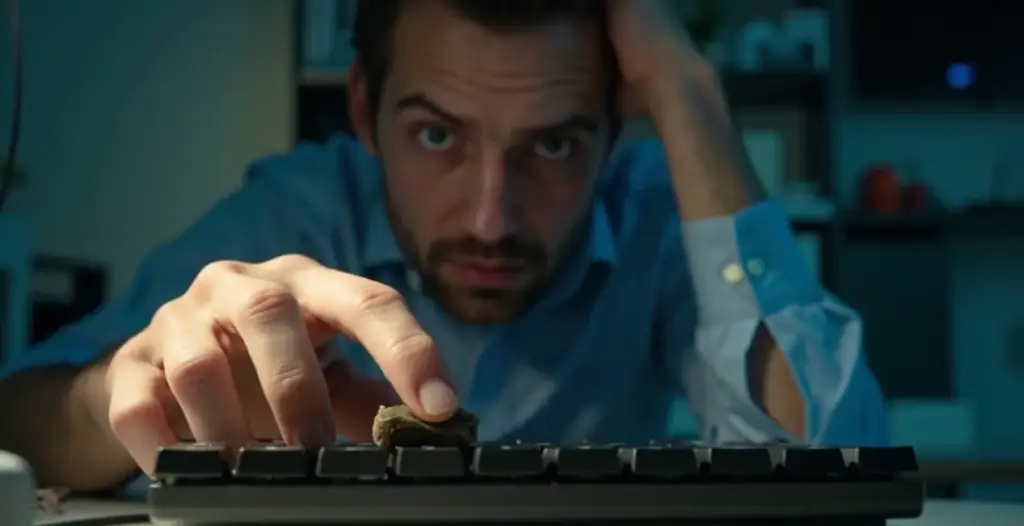 A person troubleshooting how to fix a stuck key on a computer keyboard by tapping it to resolve the issue