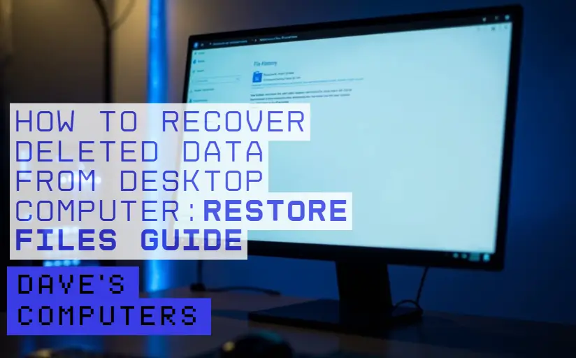Illustration showing how to recover deleted data from desktop computer using methods like Recycle Bin, Windows File History, Windows File Recovery, and professional services from Dave's Computers
