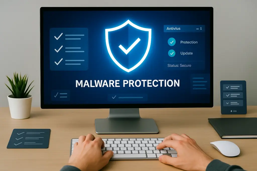 Computer screen displaying a glowing shield icon and the text “Malware Protection,” surrounded by checklist icons and antivirus tool panels, representing Malware Protection and Best Practices.