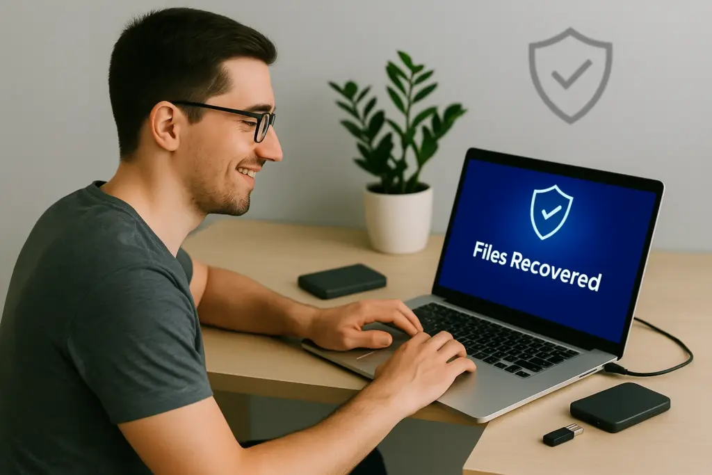 Person smiling with relief after recovering files from a virus attack, viewing a “Files Recovered” message on a laptop with external drives and a plant nearby.
