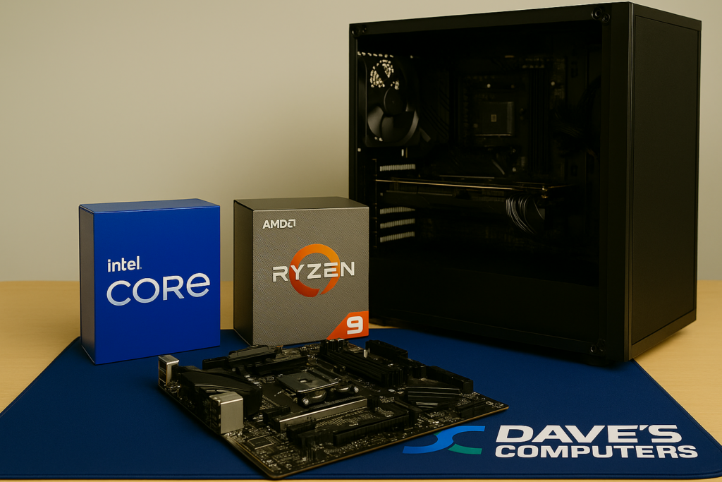 Custom PC build in progress on a Dave’s Computers mat, with Intel Core i9 and AMD Ryzen 9 boxes beside a motherboard and open PC case.