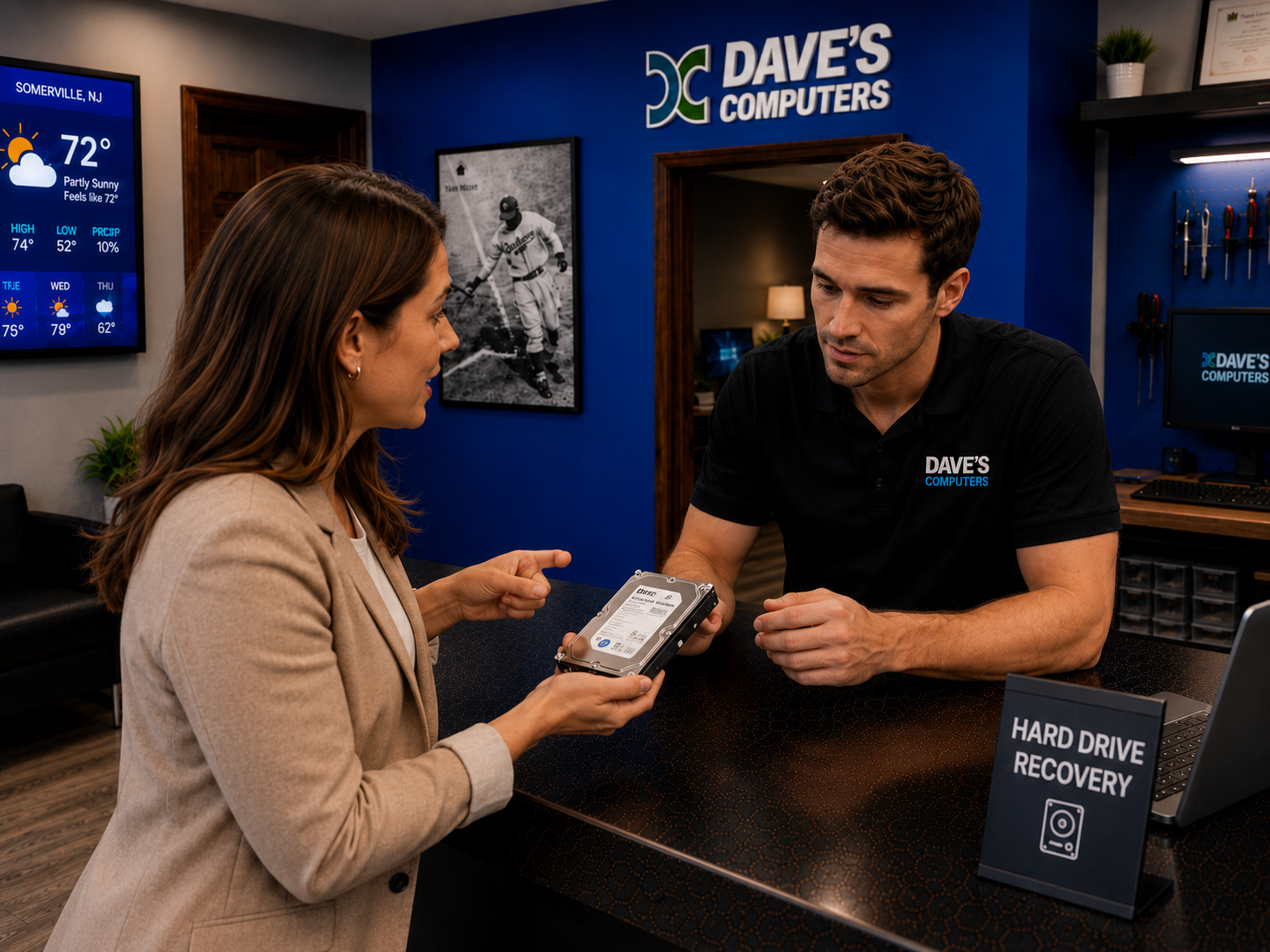 Technician consulting on hard drive data recovery at Dave's Computers in Somerville NJ