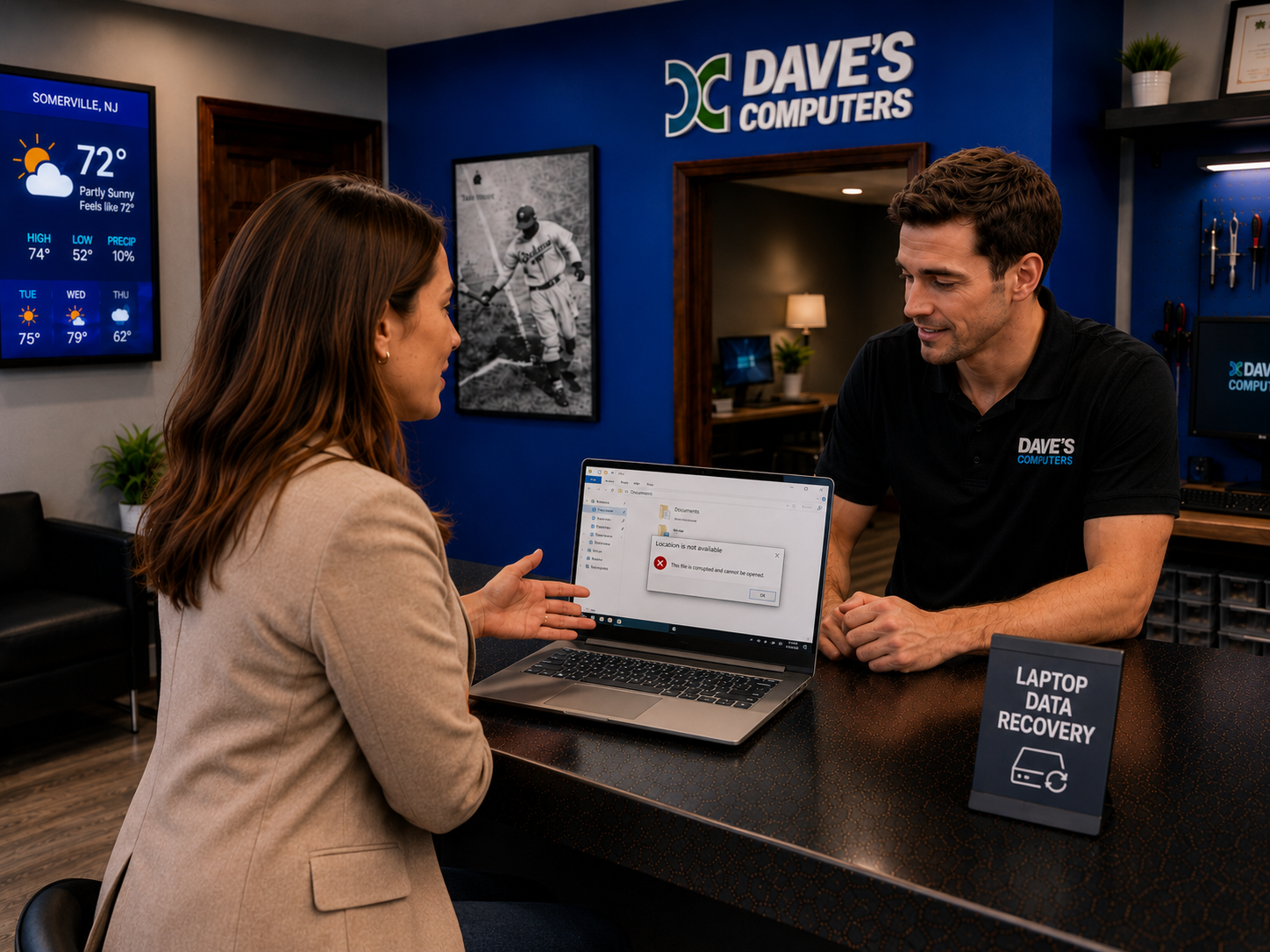 Technician consulting on laptop data recovery at Dave's Computers Somerville NJ