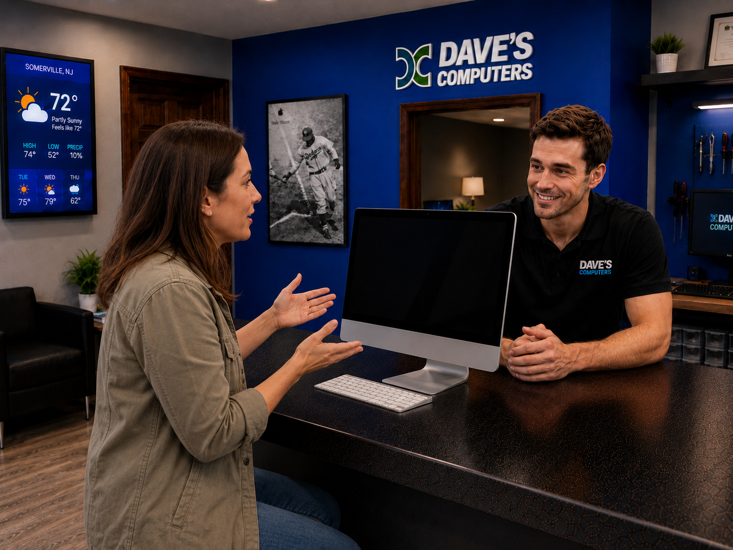 Technician consulting on Mac data recovery at Dave's Computers Somerville NJ