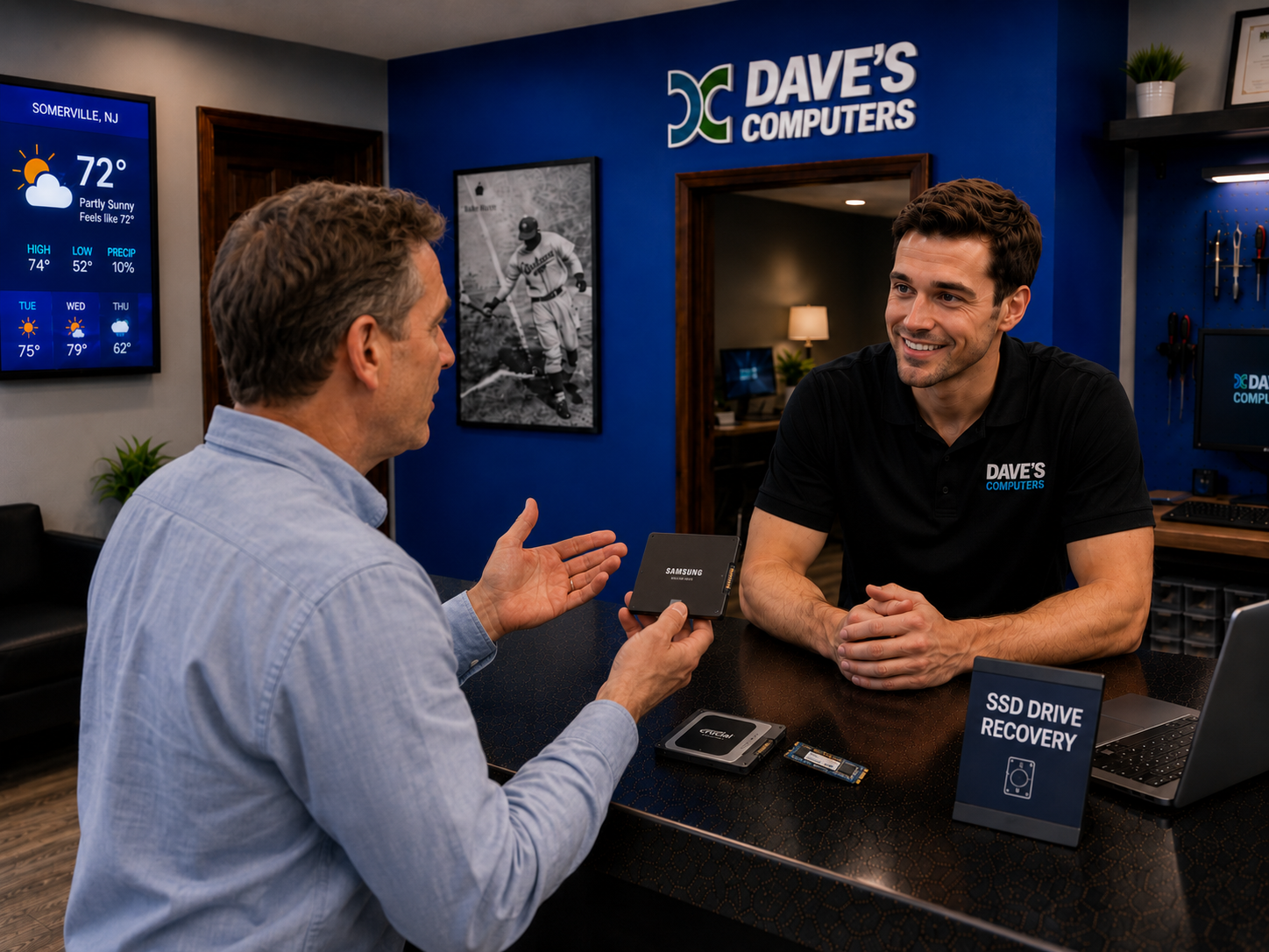 Technician consulting on SSD data recovery at Dave's Computers Somerville NJ