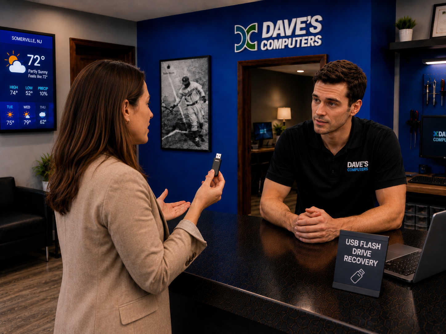 Technician consulting on USB flash drive data recovery at Dave's Computers Somerville NJ