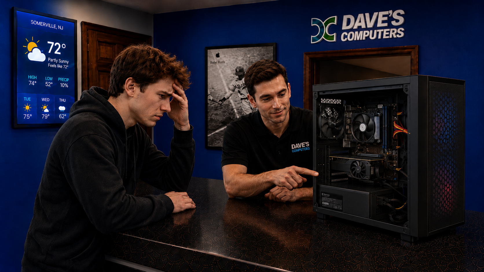 Dave explaining a custom PC build to a customer at Dave's Computers in Somerville NJ